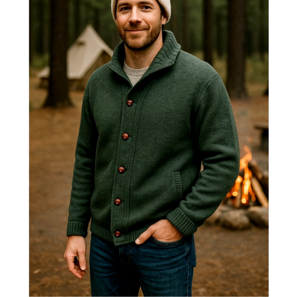 Huckberry L Barbour Chelsea WOOL Cardigan Shall Collar Grandpa Sweater Green - Picture 1 of 8